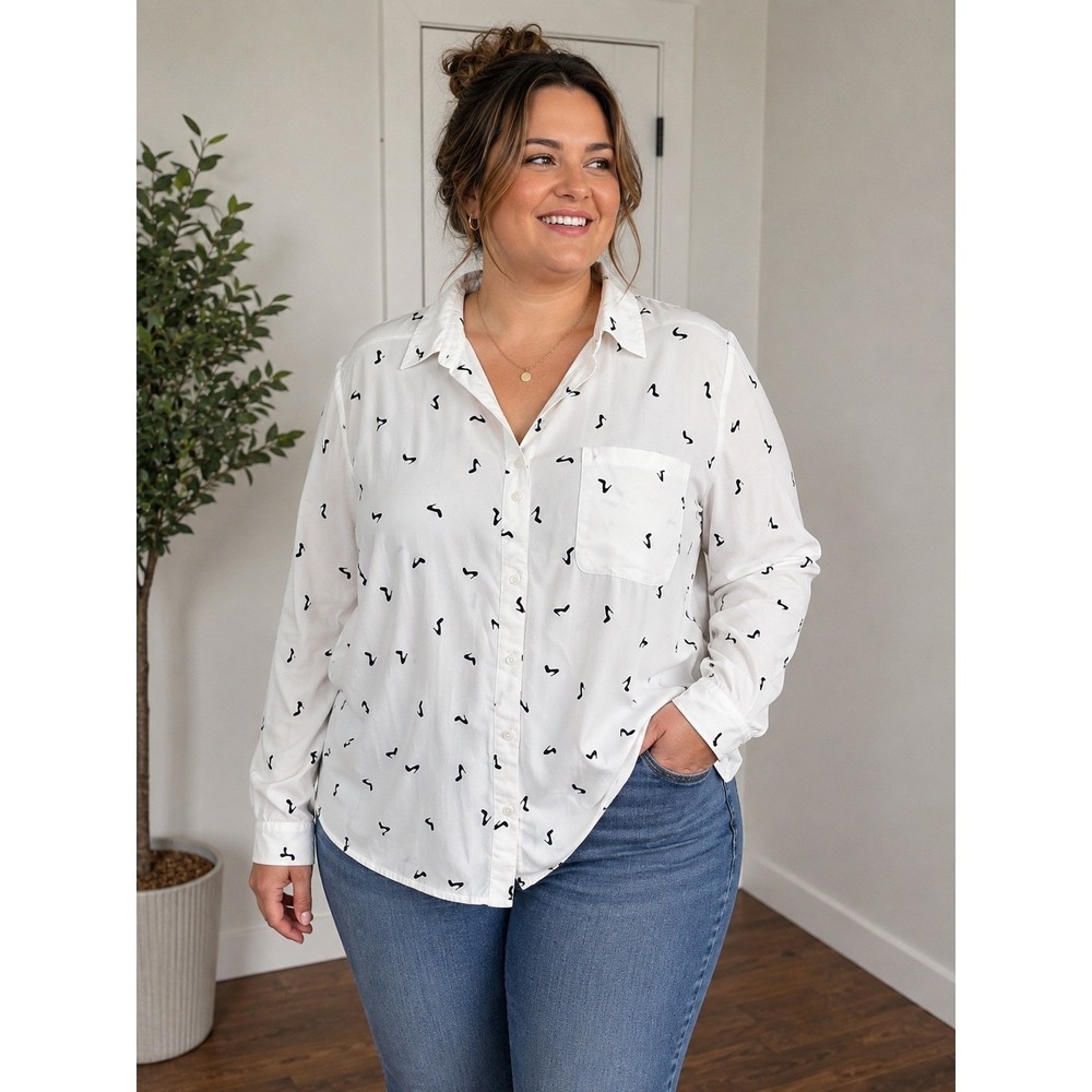 George Womens White Black High Heel Print Rayon Button Down Shirt Plus XXL 20